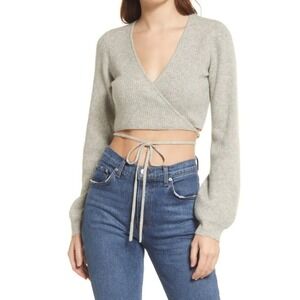 Reformation Gray Remus Cashmere Wrap Crop Sweater Ribbed V-Neck Long Sleeve M